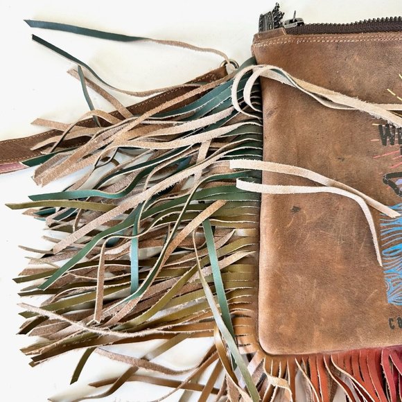 Junk Gypsy Lane Boots Brown Leather Clutch Purse Wristlet Fringe 10 x 7.5 Texas - Picture 4 of 7